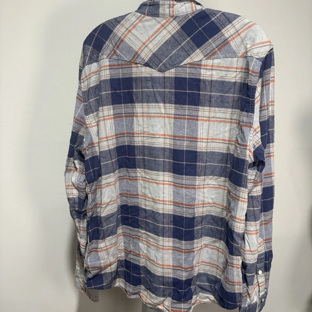 Lucky Brand Pearl Snap Blue White Plaid Flannel Sz L Western Saturday Stretch